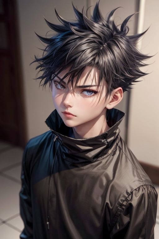 1boy 100% male_focus , solo , spiked_hair , frown , closed_mouth , black_eyes , black_hair , looking_at_viewer , face , blurry_background , v-shaped_eyebrows , close-up , bangs,fushiguro megumi,3D Chibi Figure