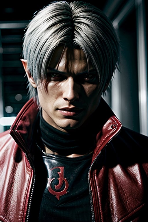 a close up of a person wearing a red jacket and a black shirt, dante from devil may cry, dante from devil may cry 2 0 0 1, son of sparda, devil may cry, v from devil may cry as an elf, dante, as a character in tekken, game cg, he's very menacing and evil,photorealistic,REALISTIC