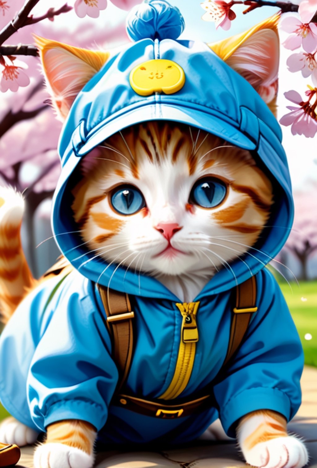 A beautiful cat drawing, (Eroticism:1.4), a beautiful cat portrait, a drawing of a kitten in a kindergartener's pastel blue smock clothes, shorts and a yellow hat, a small shoulder bag, a beautiful kitten in a kindergartener's outfit, a beautiful kitten in a kindergartener's outfit lying on its back A cat kitty that looks like a kindergartener playing, a background full of cherry blossoms, a beautiful kitten that looks like a kindergartener lying down, playing,