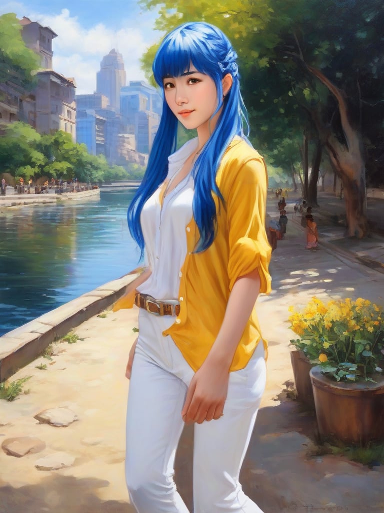 1girl, solo, reikimas, blue hair, low twintails, blunt bangs, brown eyes, yellow shirt, sleeveless, navel, white pants, outdoors, walking, city, river, path,  a masterpiece, stunning beauty, hyper-realistic oil painting, vibrant colors