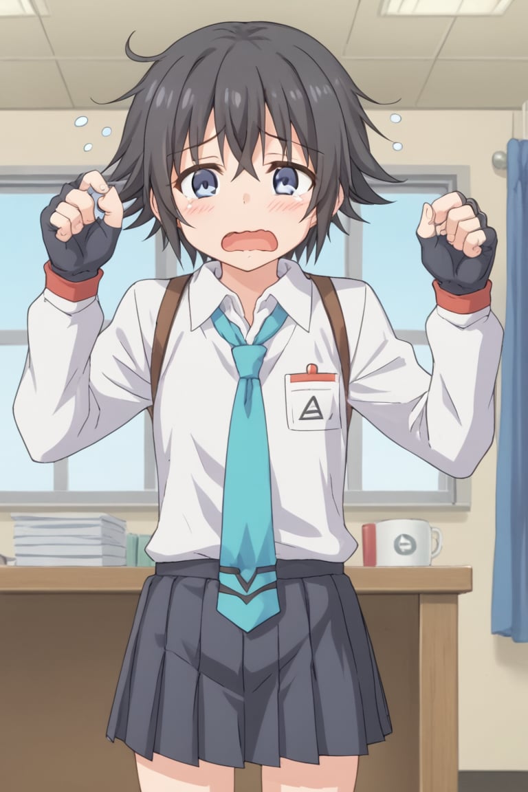 1girl, solo, annieatelier, short hair, black hair, blue eyes, fingerless gloves, gloves, necktie, pleated skirt, school uniform, skirt, long sleeves, shirt, white shirt, collared shirt, indoors, office, open mouth, wavy mouth, sad, sleepy, yawning, cowboy shot