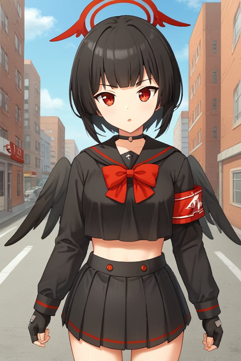 1girl, solo, pklily, black hair, short hair, blunt bangs, red eyes, halo, black wings, low wings, school uniform, black shirt, long sleeves, black serafuku, red bow, armband, fingerless gloves, black choker, black skirt, pleated skirt, outdoors, city, streets, cowboy shot, parted lips, looking at viewer,