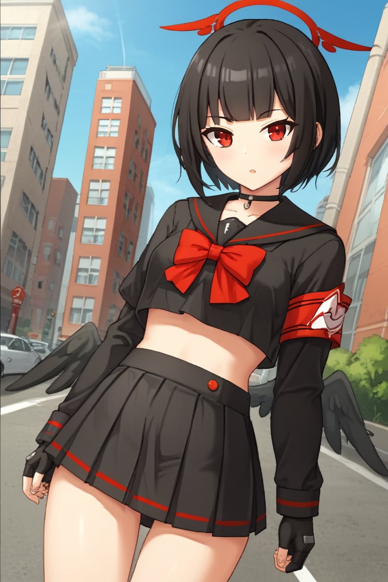 1girl, solo, pklily, black hair, short hair, blunt bangs, red eyes, halo, black wings, low wings, school uniform, black shirt, long sleeves, black serafuku, red bow, armband, fingerless gloves, black choker, black skirt, pleated skirt, outdoors, city, streets, cowboy shot, parted lips, looking at viewer,