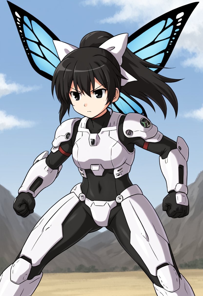 1girl, solo, tsubasadtkw, black hair, black eyes, ponytail, white bow, hair bow, black bodysuit, white armor, futuristic theme, butterfly wings, metal wing, fight stance, serious, mecha musume, outdoots, sky, flying