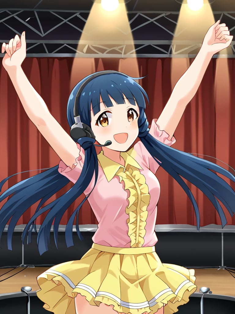 1girl, solo, reikimas, blue hair, low twintails, blunt bangs, brown eyes,pink t-shirt, frills, yellow skirt, overskirt, headset, idol outfit, indoors, stage, concert, show, dancing, smile, cowboy shot