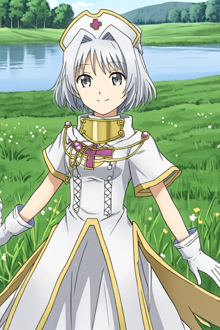 1girl, solo, rainaygo, duel monster, white hair, short hair, grey eyes, white headwear, white dress, short sleeves, white gloves, outdoors, meadow, cowboy shot, smile