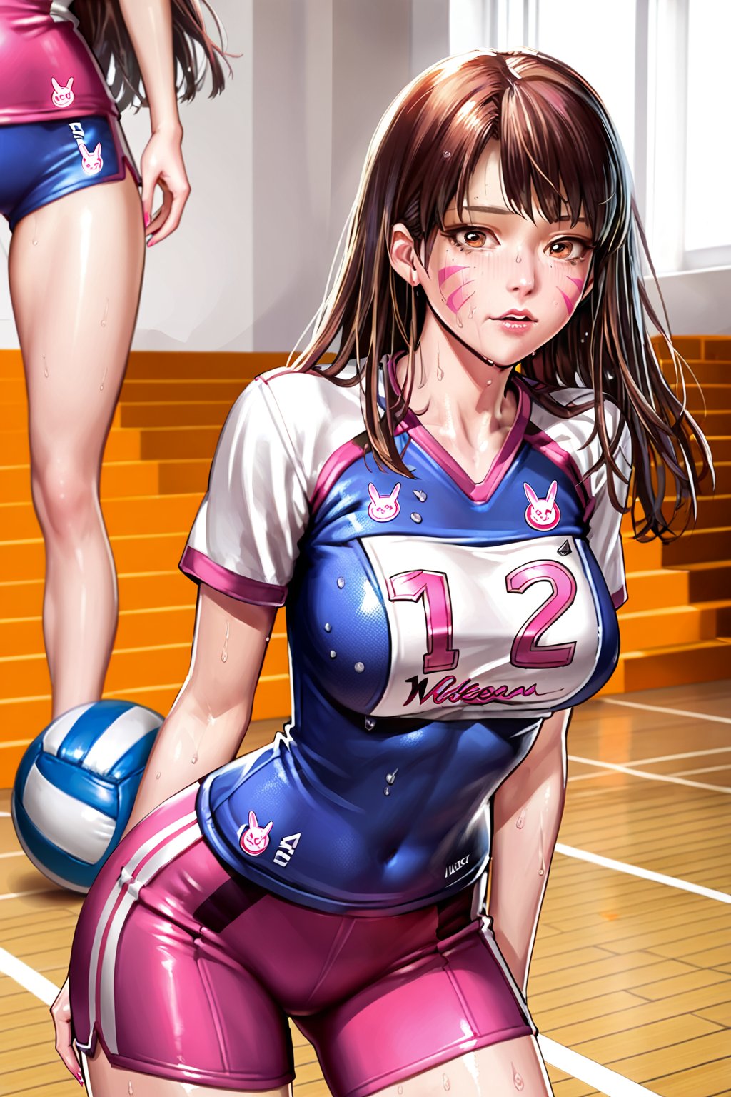 d.va  , receiving ,  volleyball,  volleyball uniform ,  hard practice ,   (  sweating  , painful face    , exhausted,  ( wheezing )      ) , in a court , national team , in international match    ,  BREAK , 
score_9, score_8_up, score_7_up, score_6, score_5, score_4, ( masterpiece , ultra Detailed  ) , 
  milkychu-style , 