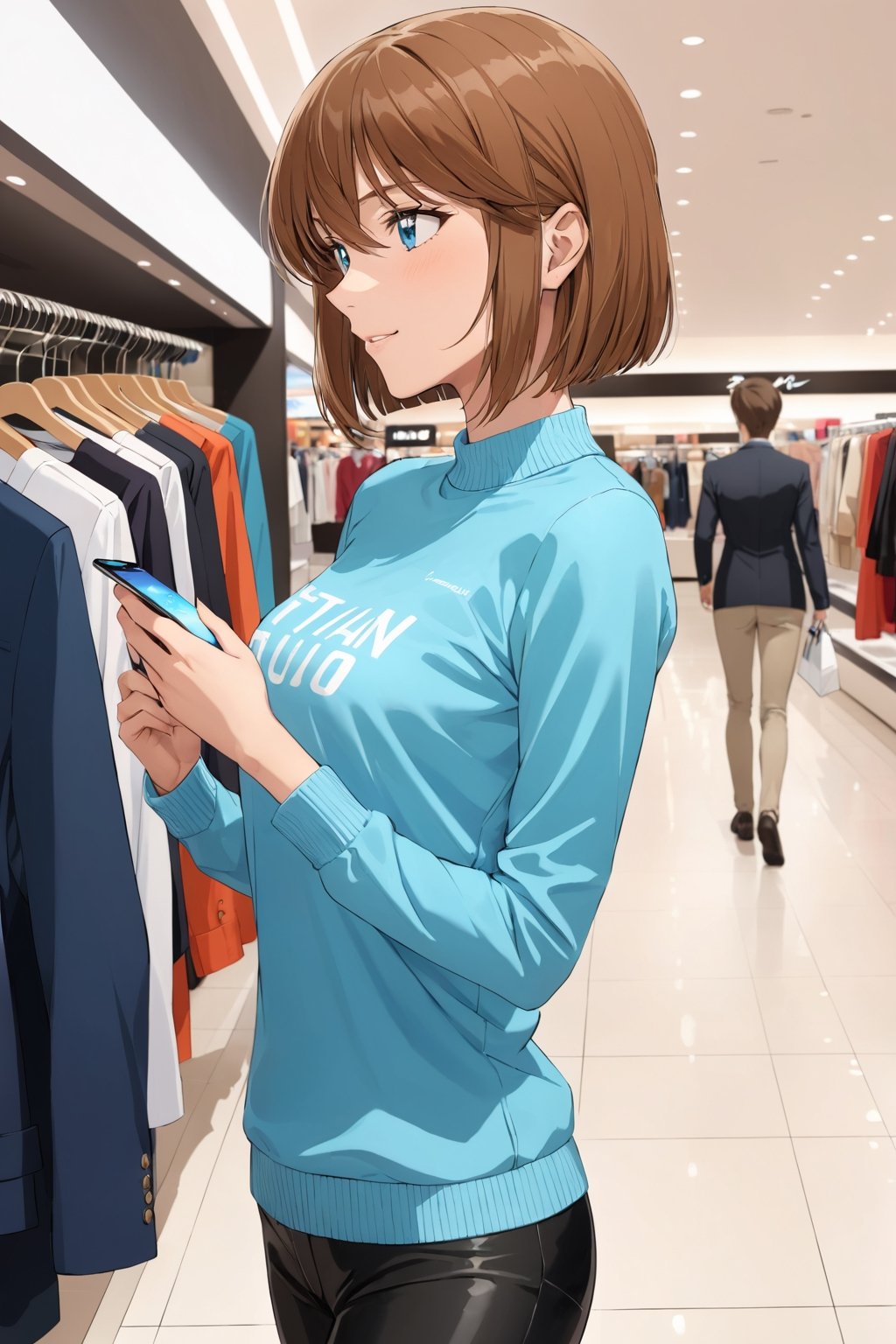 shopping ,  selecting , picking up a nice good,    ( feeling good   : 1.0) ,    in shopping mall   ,   side view ,   ( masterpiece , ultra Detailed , ultra Detaild Clothing    )     ,   
shellyai , miyano shiho  , 
brown hair, hair between eyes,  blue eyes, shiny hair,  short hair, 