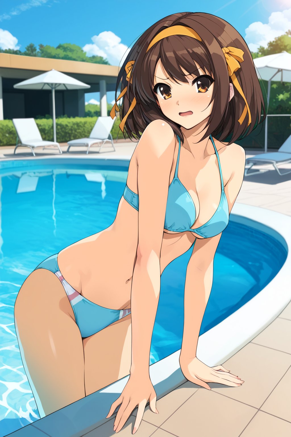 ( bikini ,  on poolside , in resort )  , beautiful scenery , 
( embarrassed , shy )   , 
BREAK , 
score_9, score_8_up, score_7_up, score_6, score_5, score_4, ( masterpiece , ultra Detailed   , ultra Detailed groin , ) ,
suzumiya_haruhi , brown hair , 