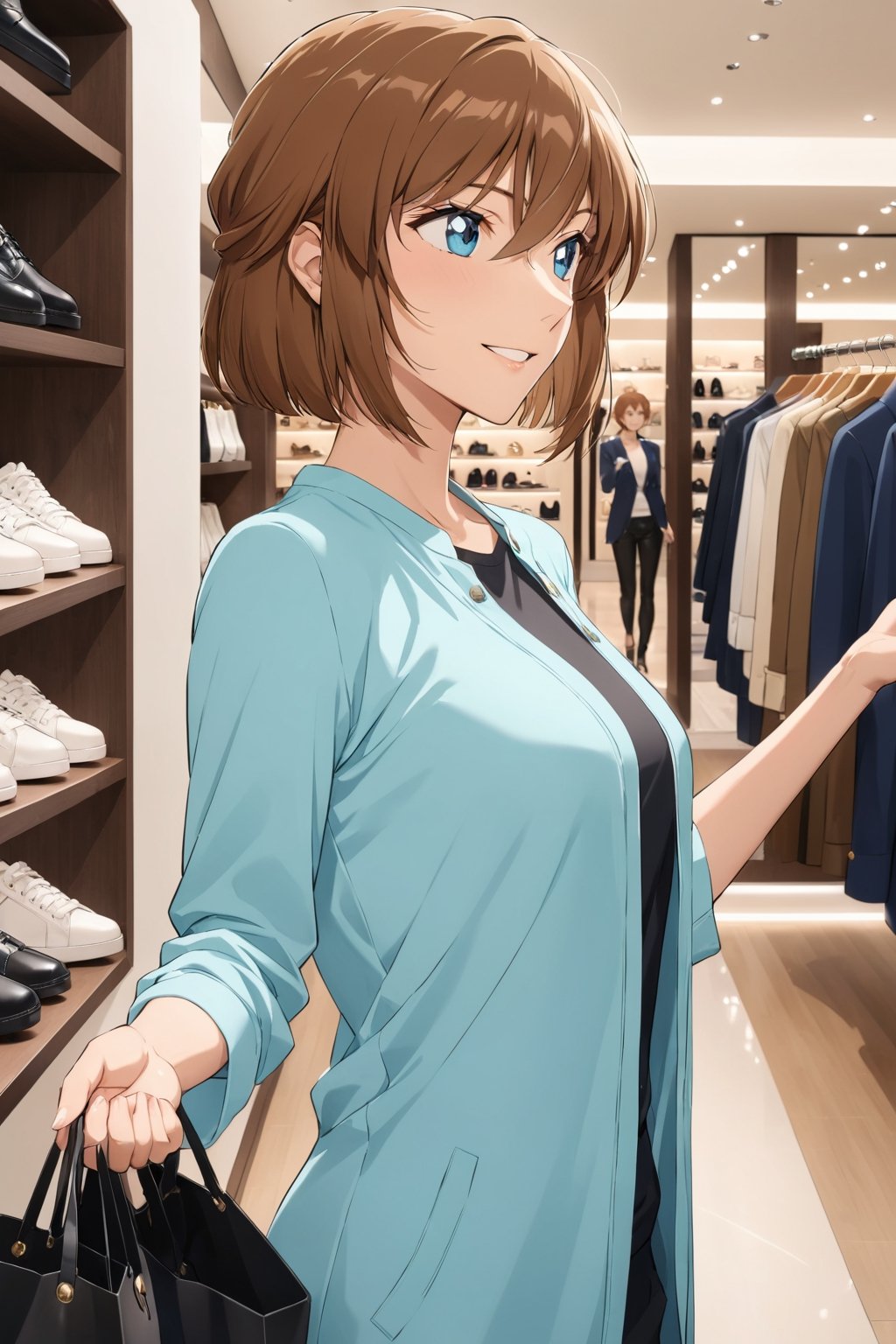 enjoy shopping ,  selecting , picking up a nice good , casual Clothing   ,  diamond cut open Clothing ,   ( feeling good , delighted   : 1.0) ,    in luxury shop    ,   side view,   ( masterpiece , ultra Detailed , ultra Detaild Clothing    )     ,   
shellyai , miyano shiho  , 
brown hair, hair between eyes,  blue eyes, shiny hair,  short hair, 