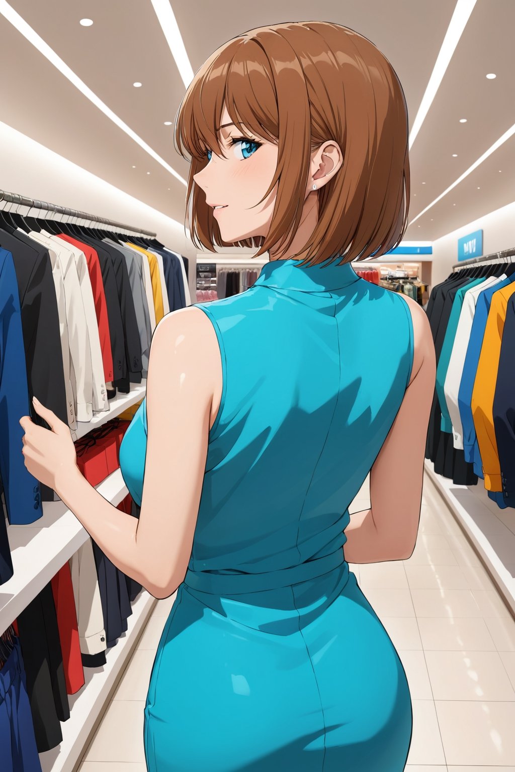 shopping ,  selecting , picking up a nice good,    ( feeling good   : 1.0) ,    in shopping mall   ,   from behind ,   ( masterpiece , ultra Detailed , ultra Detaild Clothing    )     ,   
shellyai , miyano shiho  , 
brown hair, hair between eyes,  blue eyes, shiny hair,  short hair, 