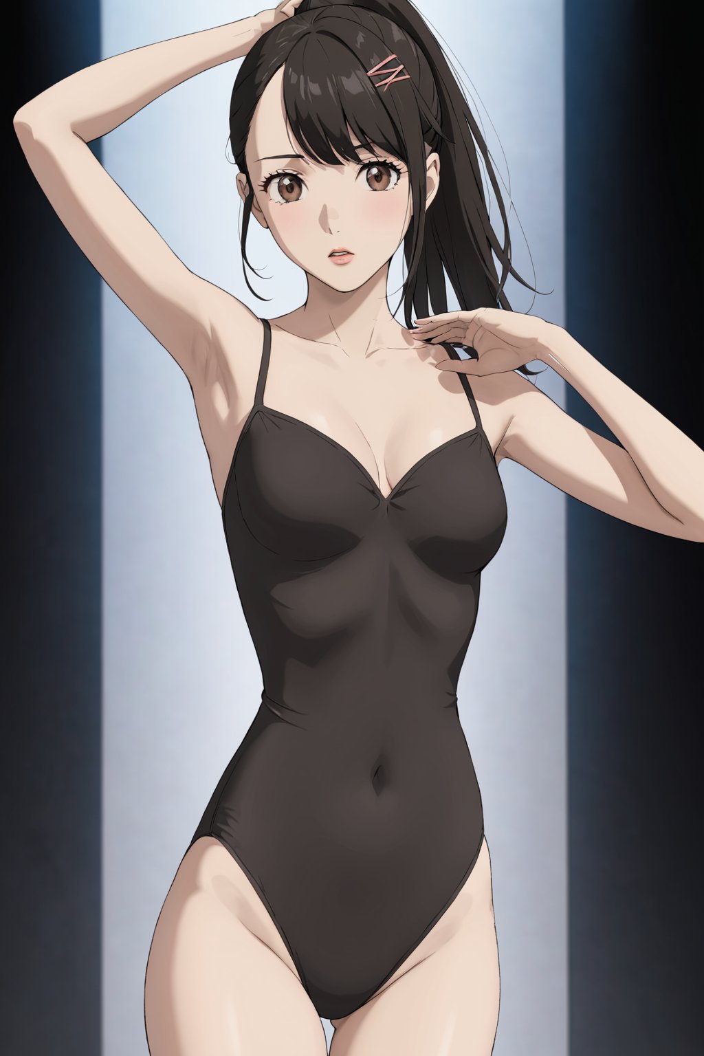 ballet , ballerina , leotard , on the stage 
 , 
 ( masterpiece , ultra Detailed    )    , 
iwatoxl , iwato suzume , eyelashes, brown eyes, black hair, long hair, ponytail, bangs, hairclip  , lips , jewelry,  