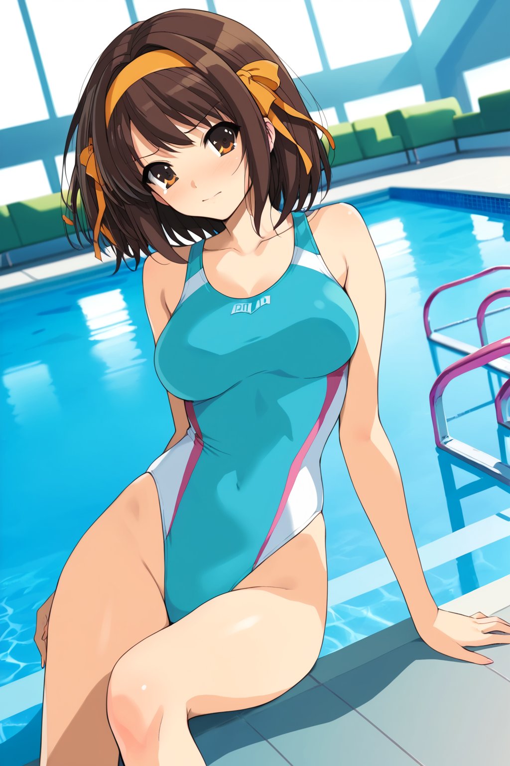 (high-neck competition swimsuit)  ,  on poolside , in resort   , beautiful scenery , 
( embarrassed , shy )   , pastel color , 
BREAK , 
score_9, score_8_up, score_7_up, score_6, score_5, score_4, ( masterpiece , ultra Detailed   , ultra Detailed groin , ) ,
suzumiya_haruhi , brown hair , 