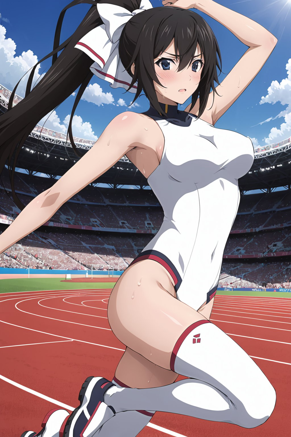 ( pole vailt  jump : 1.3)  , (  running , runner  : 1.2)   ,  (  embarrassed , sweating ) ,  in track and field stadium  , ( masterpiece , ultra Detailed  , ultra Detailed  Clothes  ) , 
shinonono houki, purple eyes, black hair, split ponytail, high ponytail, white hair ribbon, long hair, 
white leotard, pilot suit, white thighhighs, turtleneck, halterneck, impossible leotard, impossible clothes