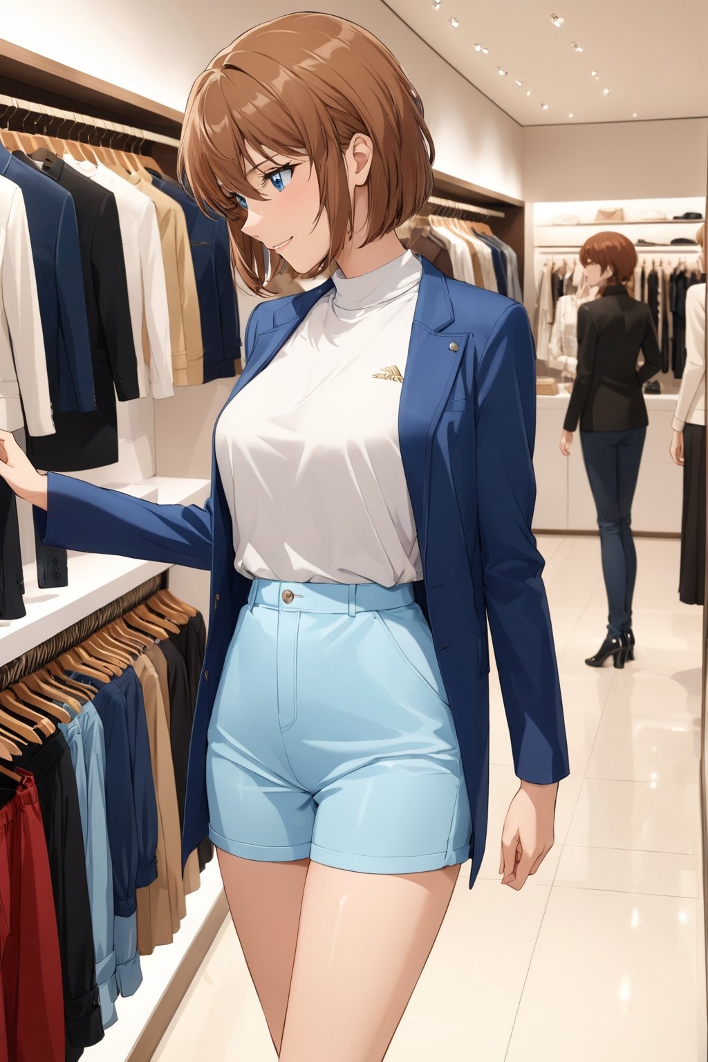 enjoy shopping ,  selecting , picking up a nice good , casual Clothing   ,    ( feeling good , delighted   : 1.0) ,    in luxury shop    ,   side view,   ( masterpiece , ultra Detailed , ultra Detaild Clothing    )     ,   
shellyai , miyano shiho  , 
brown hair, hair between eyes,  blue eyes, shiny hair,  short hair, 