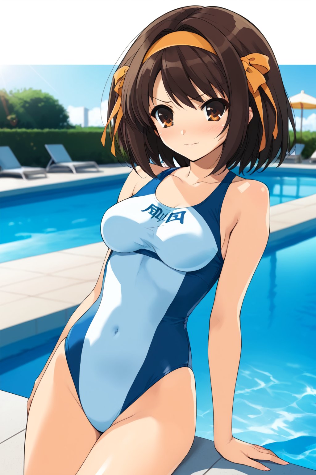 ( swimsuit ,  on poolside , in resort )  , beautiful scenery , 
( embarrassed , shy )   , 
BREAK , 
score_9, score_8_up, score_7_up, score_6, score_5, score_4, ( masterpiece , ultra Detailed   , ultra Detailed groin , ) ,
suzumiya_haruhi , brown hair , 