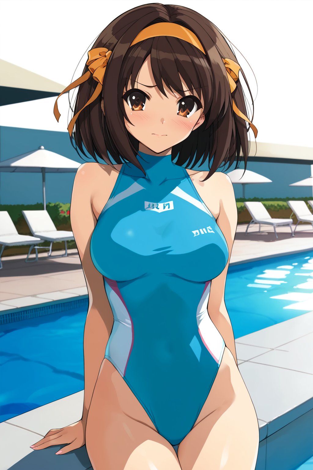 (high-neck competition swimsuit ,  on poolside , in resort )  , beautiful scenery , 
( embarrassed , shy )   , 
BREAK , 
score_9, score_8_up, score_7_up, score_6, score_5, score_4, ( masterpiece , ultra Detailed   , ultra Detailed groin , ) ,
suzumiya_haruhi , brown hair , 