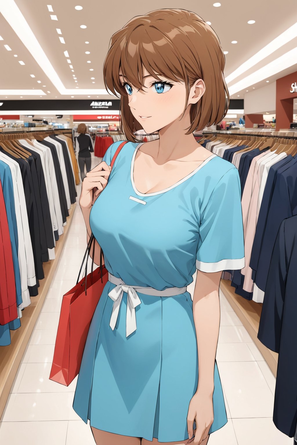 shopping ,  selecting ,    ( feeling good   : 1.0) ,    in shopping mall   ,   side view ,   ( masterpiece , ultra Detailed , ultra Detaild Clothing    )     ,   
shellyai , miyano shiho  , 
brown hair, hair between eyes,  blue eyes, shiny hair,  short hair, 