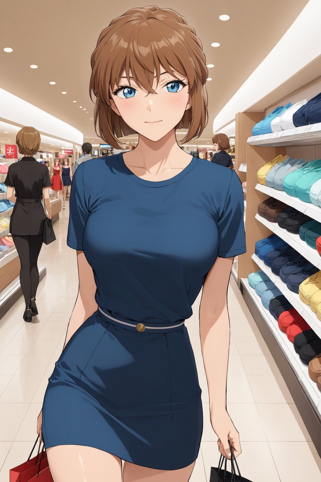 shopping ,     ( feeling good   : 1.0) ,    in shopping mall       ,   ( masterpiece , ultra Detailed , ultra Detaild Clothing    )     ,   
shellyai , miyano shiho  , 
brown hair, hair between eyes,  blue eyes, shiny hair,  short hair, 