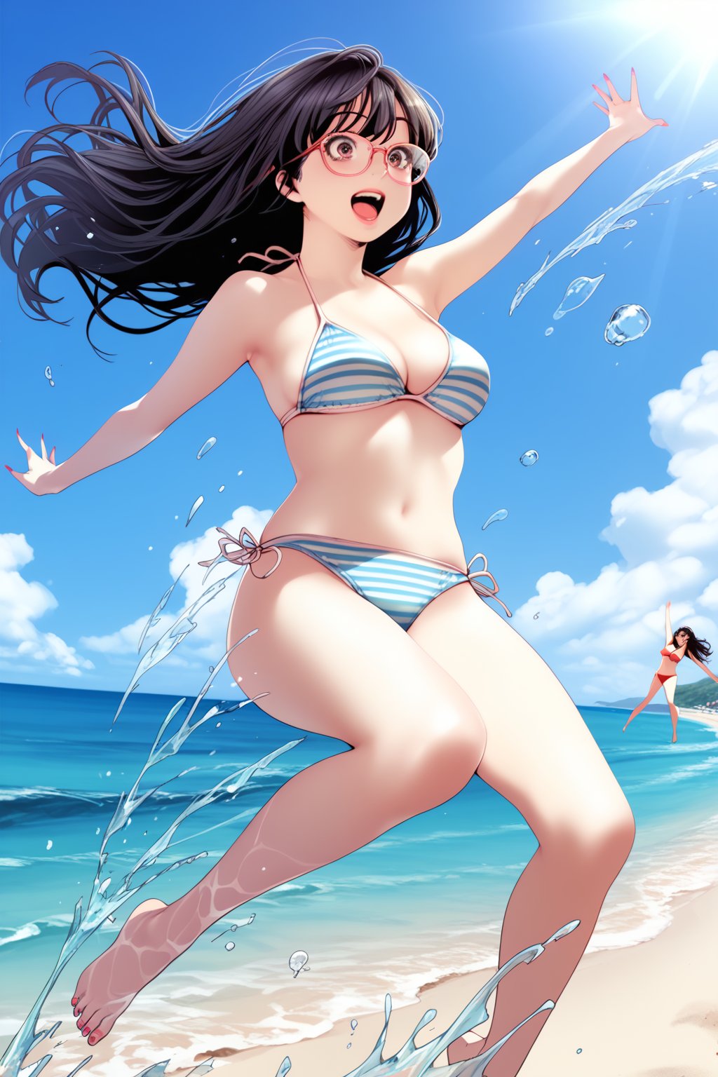 bikini  , enjoy , jumping , splashing water , (  in the sea )  , 
 beach  ,  resort, in public , others , 
BREAK , 
score_9, score_8_up, score_7_up, score_6, score_5, score_4, ( masterpiece , ultra Detailed  ) , 
jeongsookdef , brown eyes, black hair , long hair , glasses