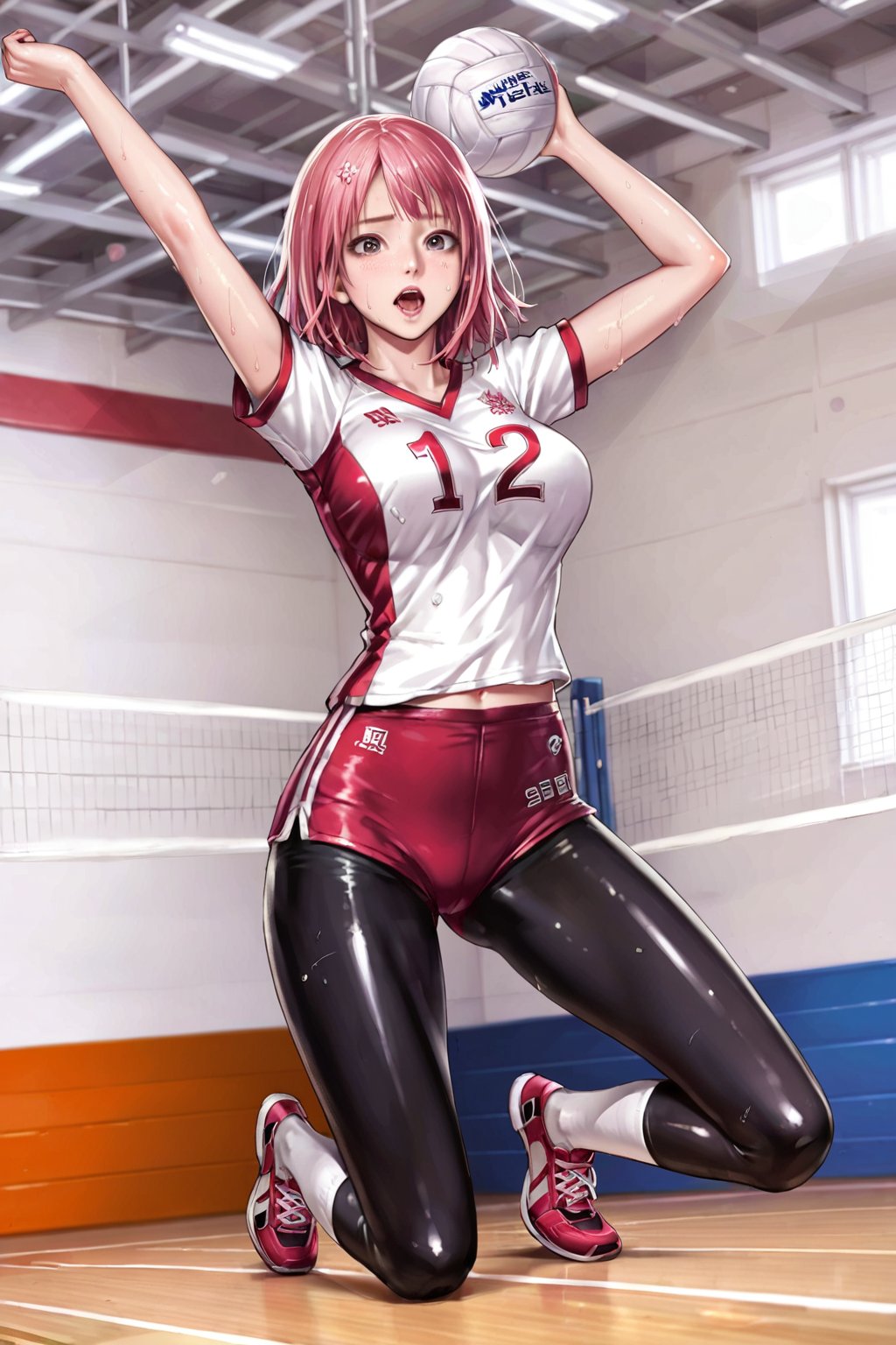 Sakura Haruno , ( attacking  ,  jumping : 1.3 ) , volleyball,  volleyball uniform ,  hard practice ,   (  sweating  , painful face    , exhausted,  ( wheezing )      ) , in a court , national team , in international match    , 
 pink hair , 
BREAK , 
score_9, score_8_up, score_7_up, score_6, score_5, score_4, ( masterpiece , ultra Detailed  ) , 
  milkychu-style , 