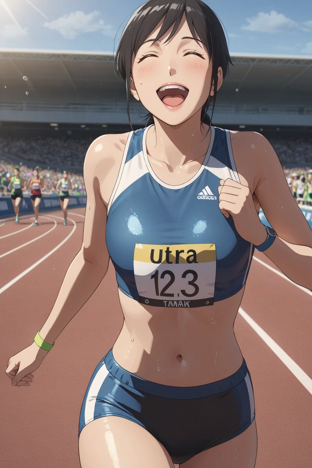track and field uniform ,marathon , winning run  , (  finishing tape )   , ( sweating ,   happy , delighted , closed eyes , looking upward   ) , navel ,shiny material Clothing,   in track and field , sunglasses , ( masterpiece , ultra Detailed  , ultra Detailed  Clothes   ) , 
Tamaki_Iwato  , 