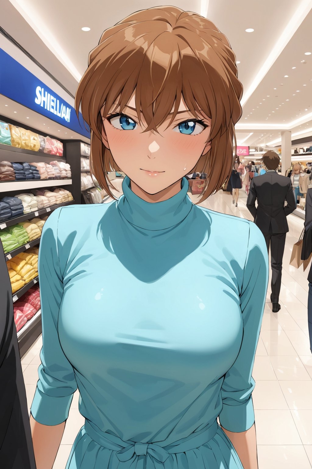 shopping ,     ( feeling good   : 1.0) ,    in shopping mall       ,   ( masterpiece , ultra Detailed , ultra Detaild Clothing    )     ,   oily skin ,   
shellyai , miyano shiho  , 
brown hair, hair between eyes,  blue eyes, shiny hair,  short hair, 