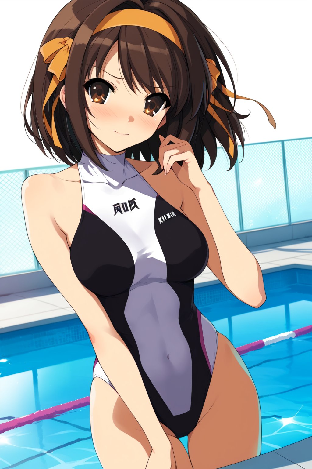 (( high-neck)  competition swimsuit)  ,  on poolside , in resort   , beautiful scenery , halter , 
( embarrassed , shy )   , pastel color , 
BREAK , 
score_9, score_8_up, score_7_up, score_6, score_5, score_4, ( masterpiece , ultra Detailed   , ultra Detailed groin , ) ,
suzumiya_haruhi , brown hair , 