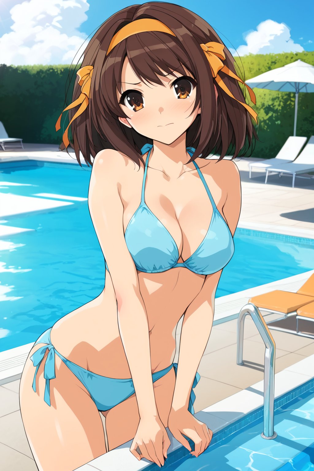 bikini ,  on poolside , in resort )  , beautiful scenery , 
( embarrassed , shy )   , 
BREAK , 
score_9, score_8_up, score_7_up, score_6, score_5, score_4, ( masterpiece , ultra Detailed   , ultra Detailed groin , ) ,
suzumiya_haruhi , brown hair , 