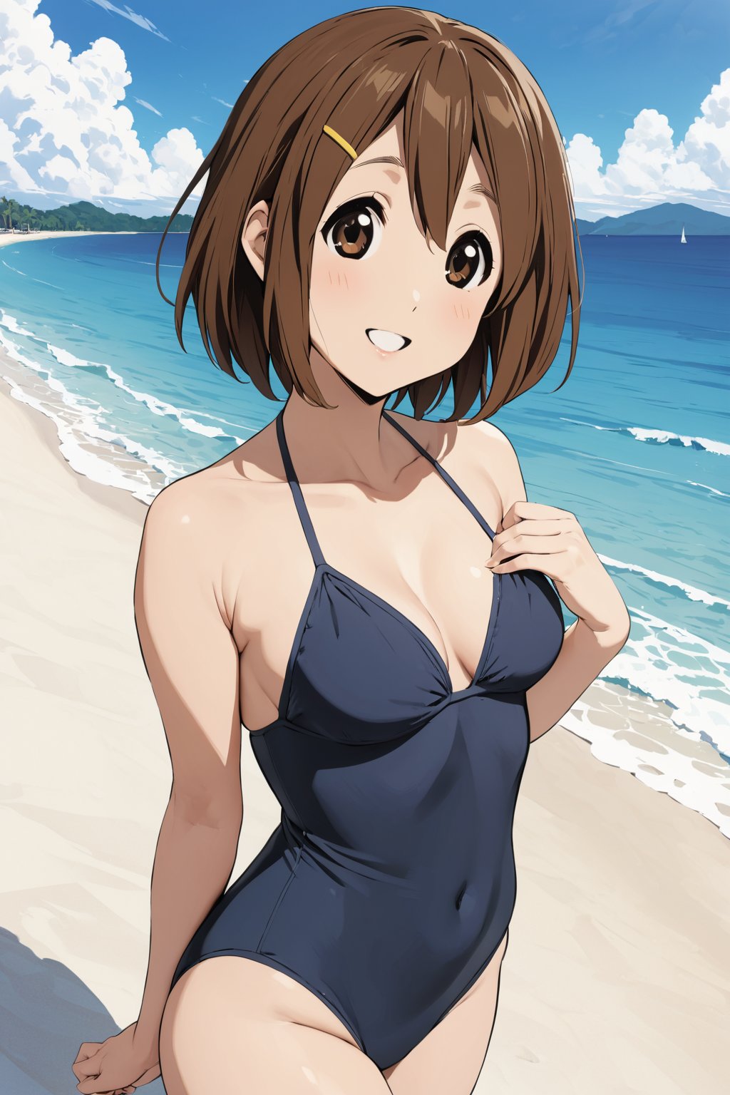 Swimwear , on the beach , in resort ,  smile   , ( masterpiece , ultra Detailed     ) , 
hirasawa yui  ,  short hair , brown hair , 