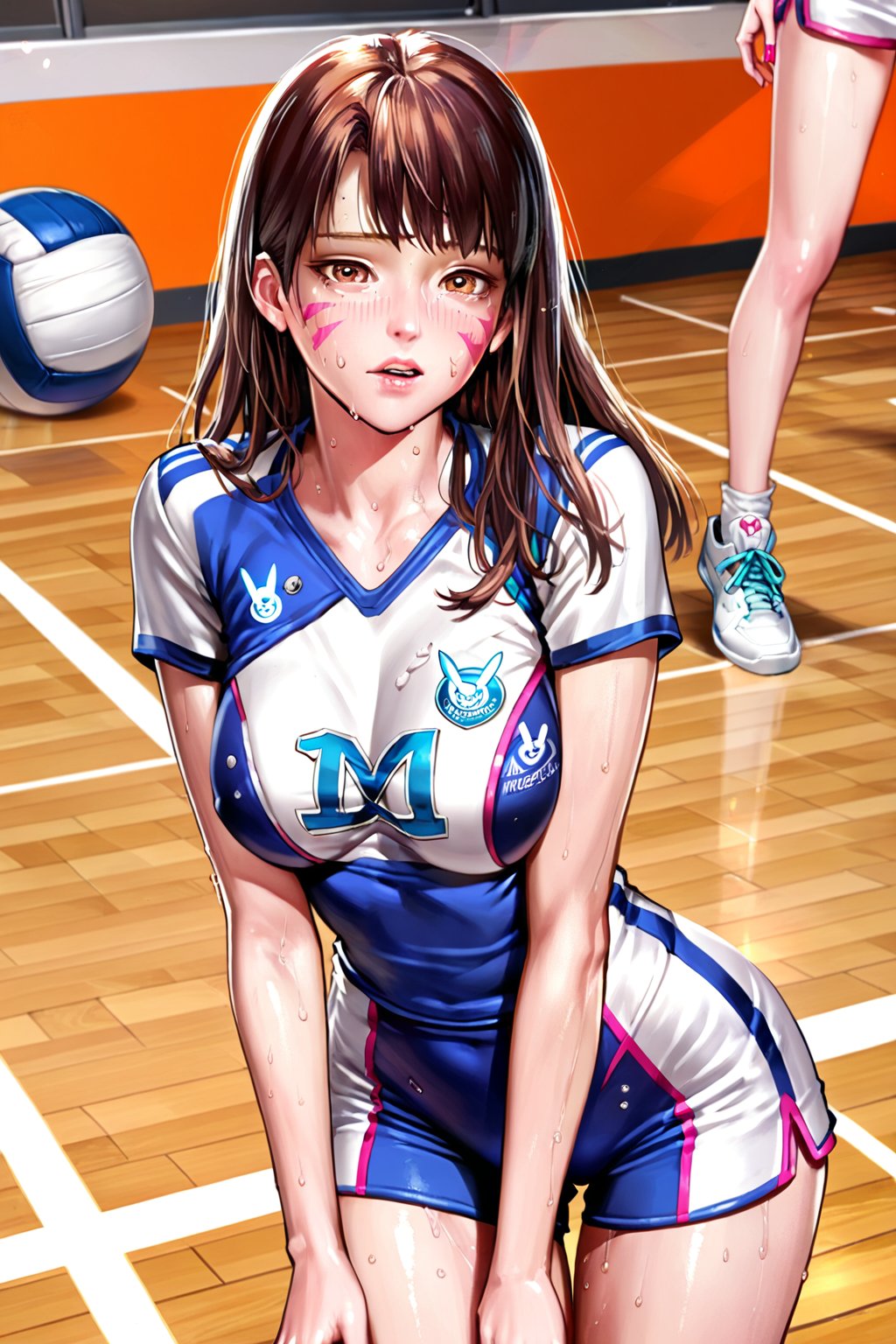 d.va  , volleyball,  volleyball uniform ,  hard practice ,   (  sweating  , painful face    , exhausted,  ( wheezing )      ) , in a court , national team , in international match    ,  BREAK , 
score_9, score_8_up, score_7_up, score_6, score_5, score_4, ( masterpiece , ultra Detailed  ) , 
  milkychu-style , 