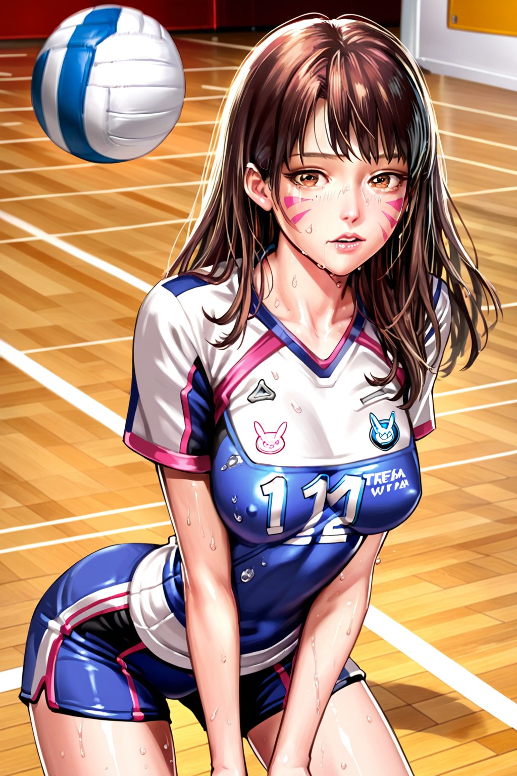 d.va  , ( attacking : 1.3 ) ,  volleyball,  volleyball uniform ,  hard practice ,   (  sweating  , painful face    , exhausted,  ( wheezing )      ) , in a court , national team , in international match    ,  BREAK , 
score_9, score_8_up, score_7_up, score_6, score_5, score_4, ( masterpiece , ultra Detailed  ) , 
  milkychu-style , 