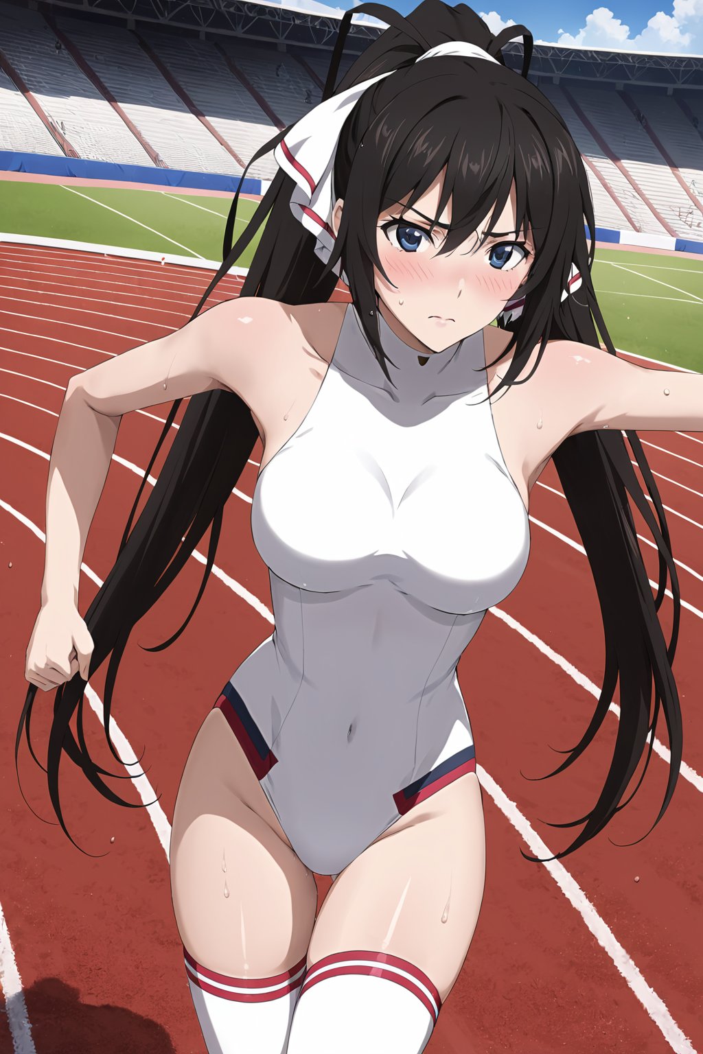 (  running , runner  : 1.2)   ,  (  embarrassed , sweating ) ,  in track and field stadium  , ( masterpiece , ultra Detailed  , ultra Detailed  Clothes  ) , 
shinonono houki, purple eyes, black hair, split ponytail, high ponytail, white hair ribbon, long hair, 
white leotard, pilot suit, white thighhighs, turtleneck, halterneck, impossible leotard, impossible clothes