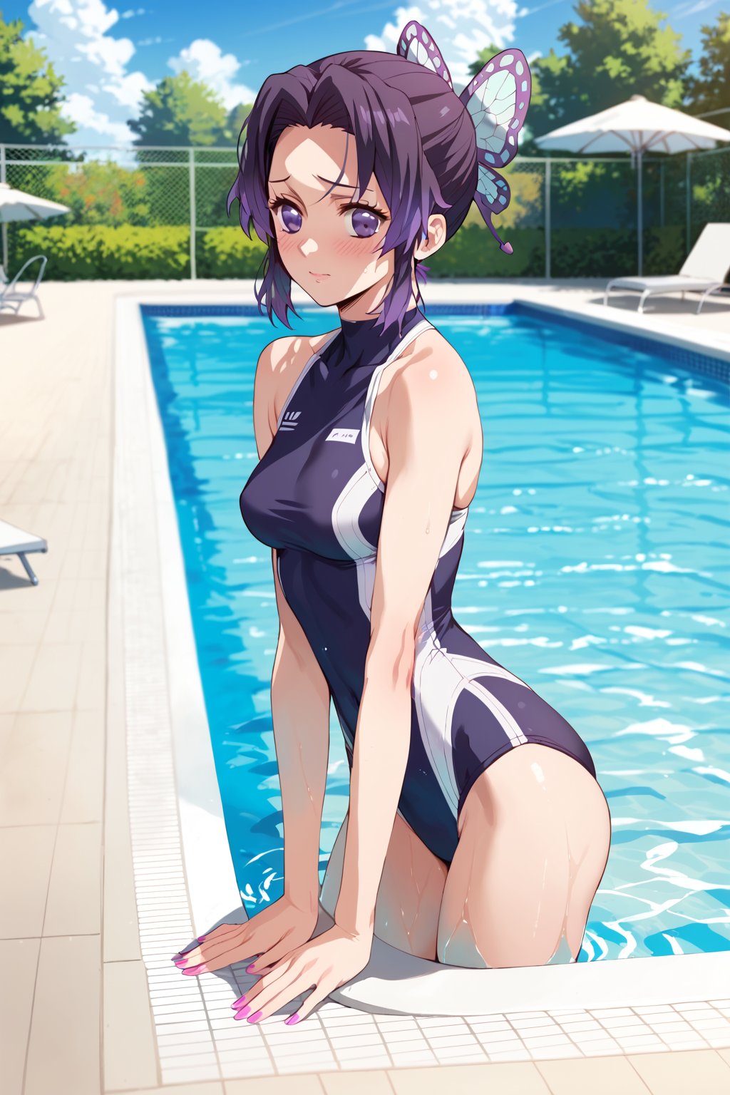 SWIMMING , swimsuit ,  in public SWIMMING pool ,  ( embarrassed , shy   ) ,  in public , 
BREAK , 
score_9, score_8_up, score_7_up, score_6, score_5, score_4, ( masterpiece , ultra Detailed  ) , 
shinobu , Black and purple hair , 