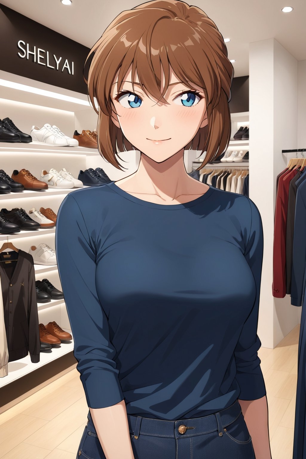 enjoy shopping ,  selecting , picking up a nice good , casual Clothing   ,  diamond cut Clothing ,   ( feeling good , delighted   : 1.0) ,    in luxury shop    ,   side view,   ( masterpiece , ultra Detailed , ultra Detaild Clothing    )     ,   
shellyai , miyano shiho  , 
brown hair, hair between eyes,  blue eyes, shiny hair,  short hair, 