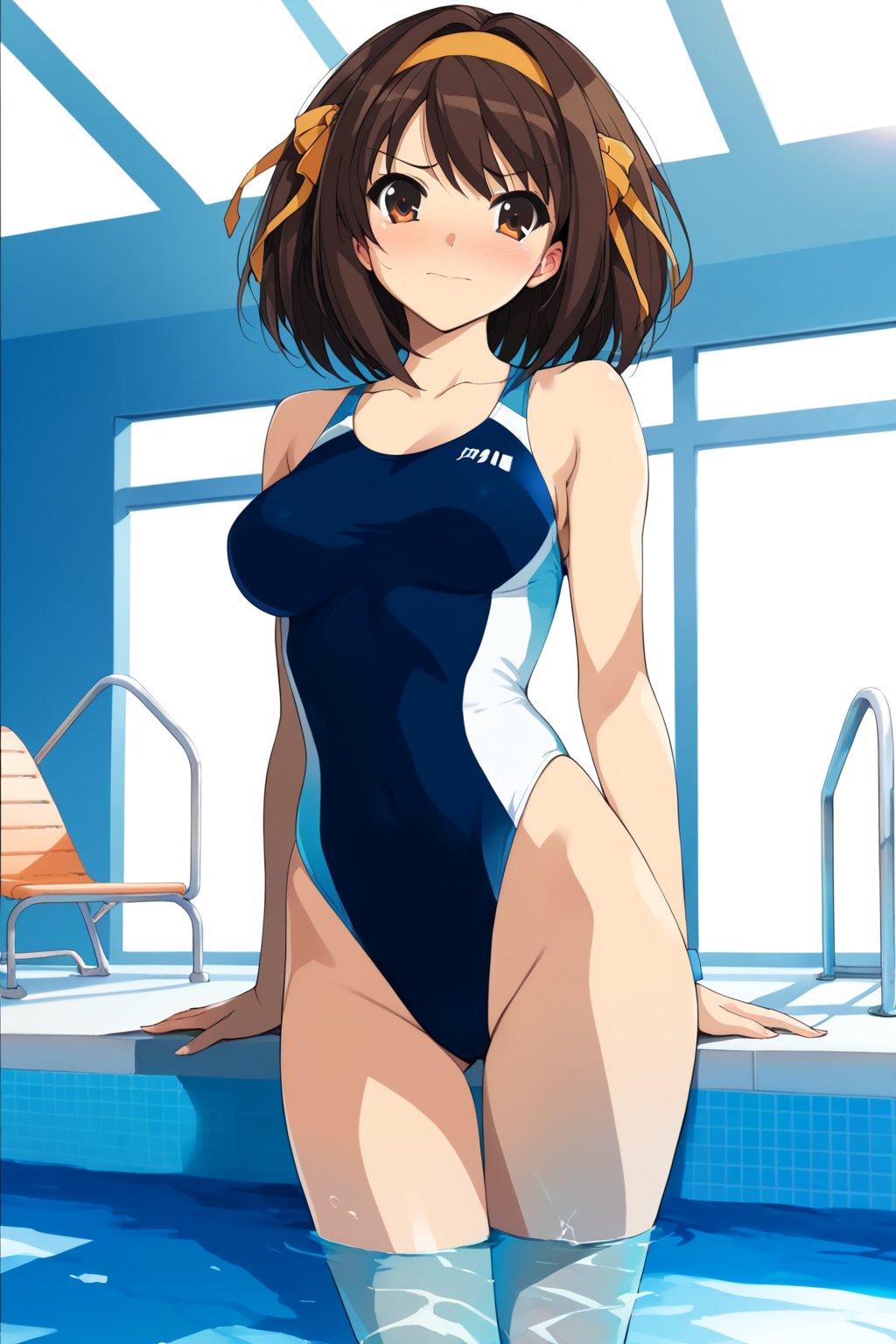 (high-neck competition swimsuit ,  on poolside , in resort )  , beautiful scenery , 
( embarrassed , shy )   , 
BREAK , 
score_9, score_8_up, score_7_up, score_6, score_5, score_4, ( masterpiece , ultra Detailed   , ultra Detailed groin , ) ,
suzumiya_haruhi , brown hair , 