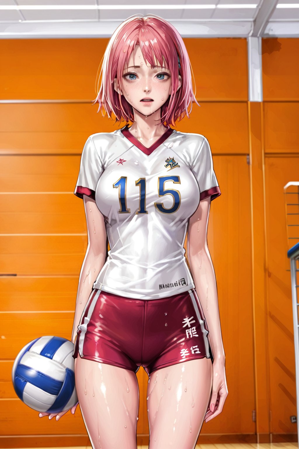 Sakura Haruno , ( receiving  : 1.3 ) , volleyball,  volleyball uniform , looking at  ball ,   hard practice ,   (  sweating  ,    , exhausted,  ( wheezing )      ) , in a court , national team , in international tournament   , 
 pink hair , 
BREAK , 
score_9, score_8_up, score_7_up, score_6, score_5, score_4, ( masterpiece , ultra Detailed  ) , 
  milkychu-style , 