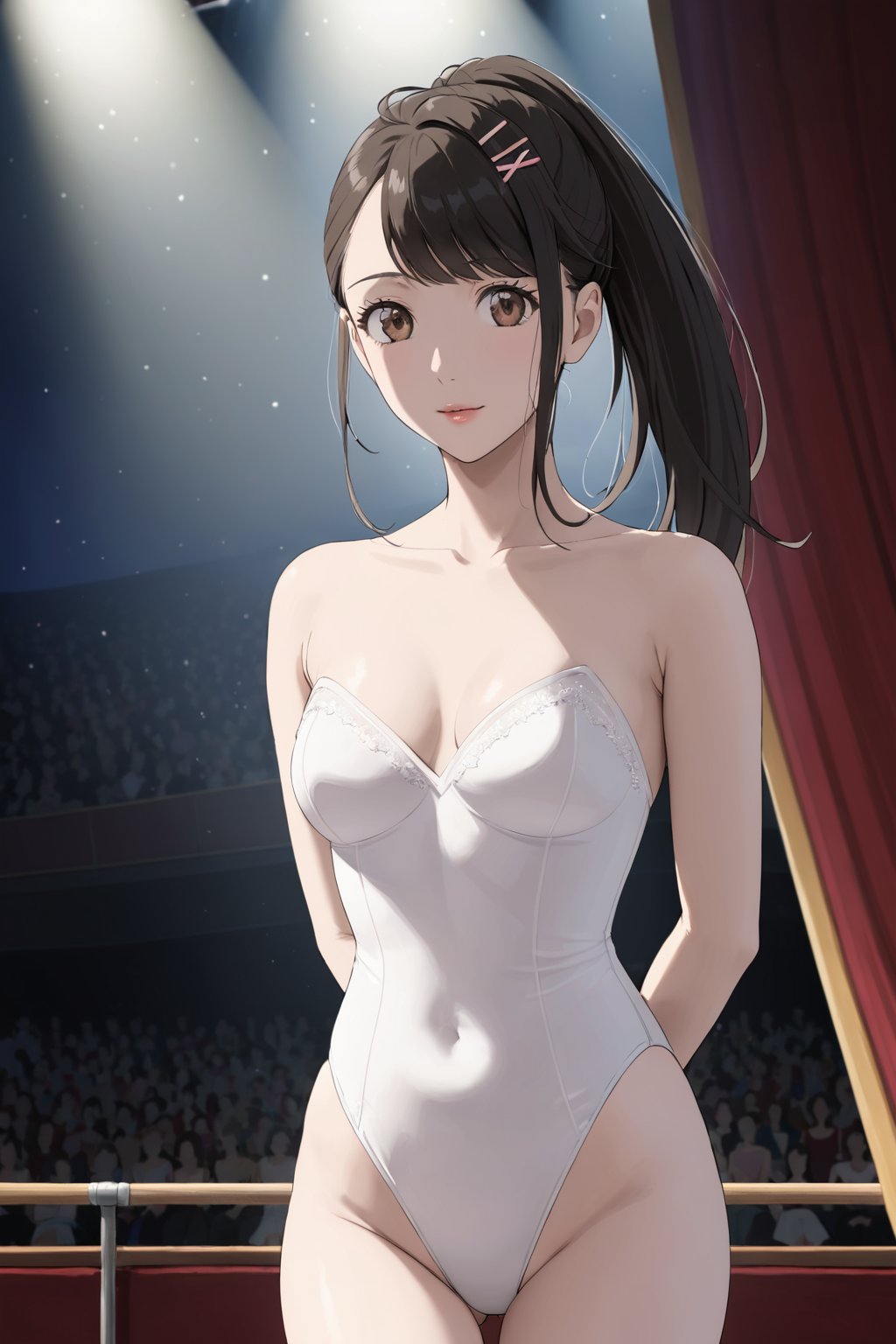 ballet , ballerina , leotard , split ,  ( on the stage  ) , national theatre ,  audience
 , white, 
 ( masterpiece , ultra Detailed    )    , 
iwatoxl , iwato suzume , eyelashes, brown eyes, black hair, long hair, ponytail, bangs, hairclip  , lips , jewelry,  