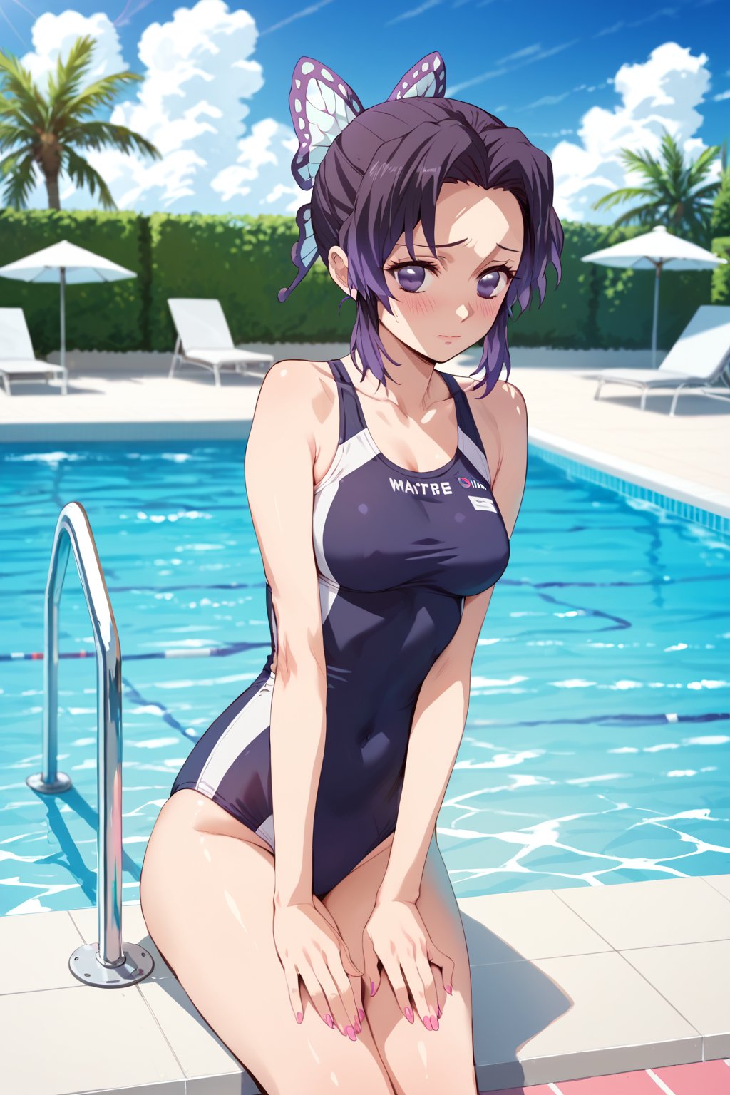swimsuit ,  in public SWIMMING pool ,  ( embarrassed , shy   ) ,  
BREAK , 
score_9, score_8_up, score_7_up, score_6, score_5, score_4, ( masterpiece , ultra Detailed  ) , 
shinobu , Black and purple hair , 