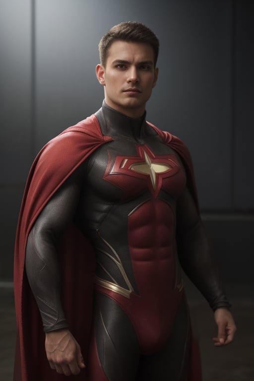 superhero, muscular, cape, six pointed star on chest, red energy, hyper-realism, realistic, masterpiece, intricate details, best quality, highest detail, professional photography, detailed background, depth of field, insane details, intricate, aesthetic, photorealistic, smirk:0.4, (full body shot:1.1), (standing pose:1.1), Award - winning, with Kodak Portra 800, extreme depth of field, Ultra HD, HDR, DTM, 8K