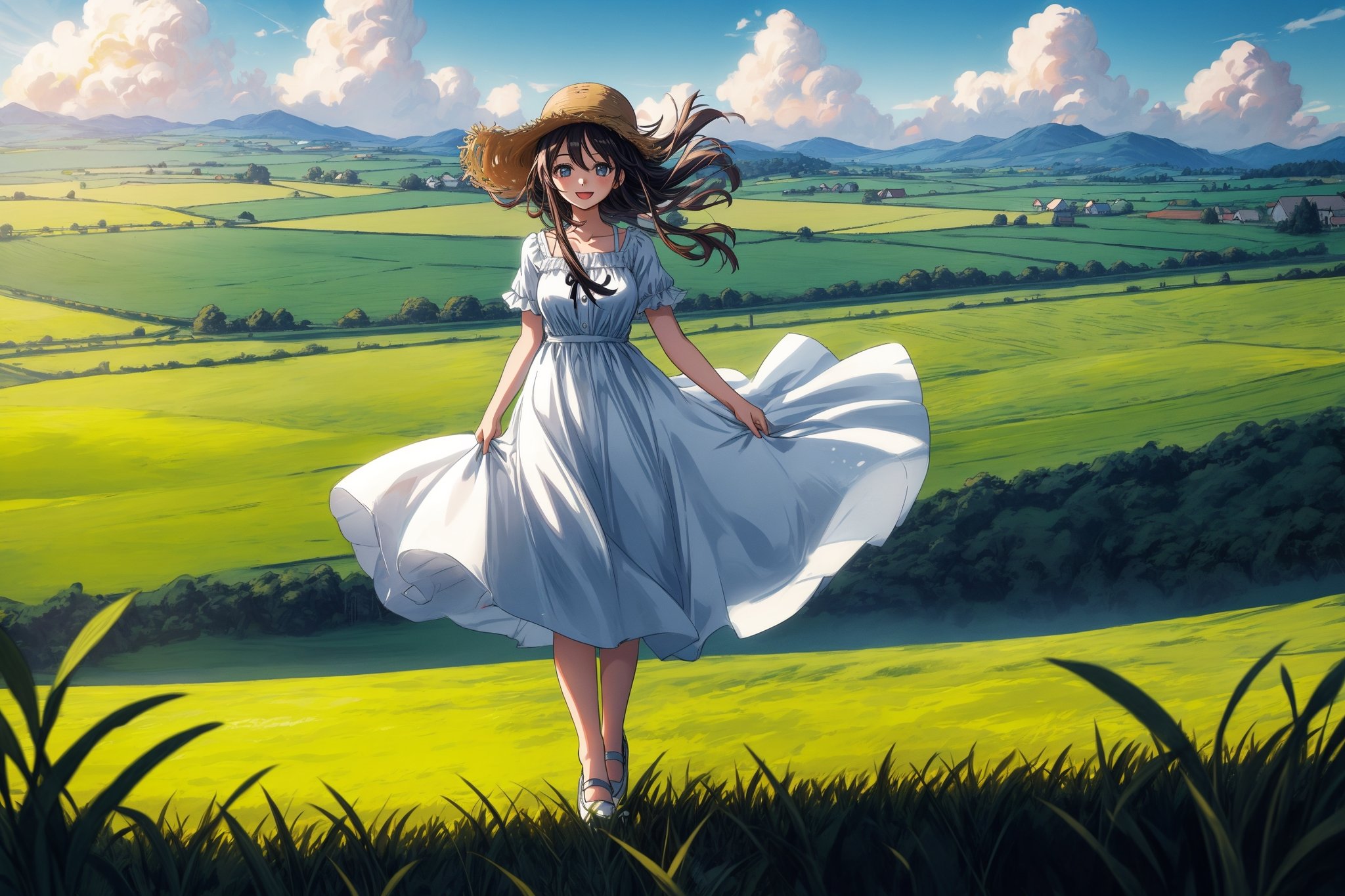 1girl, farmland, field, girl, strawhat, white dress, happy, windy, beautiful landscape, full body
