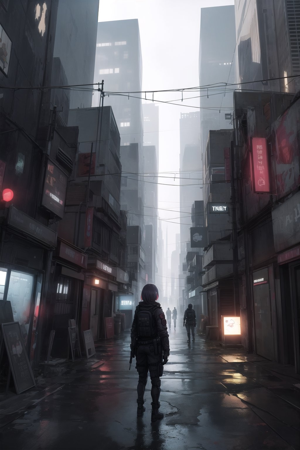 looking at viewer, dystopian city, girl