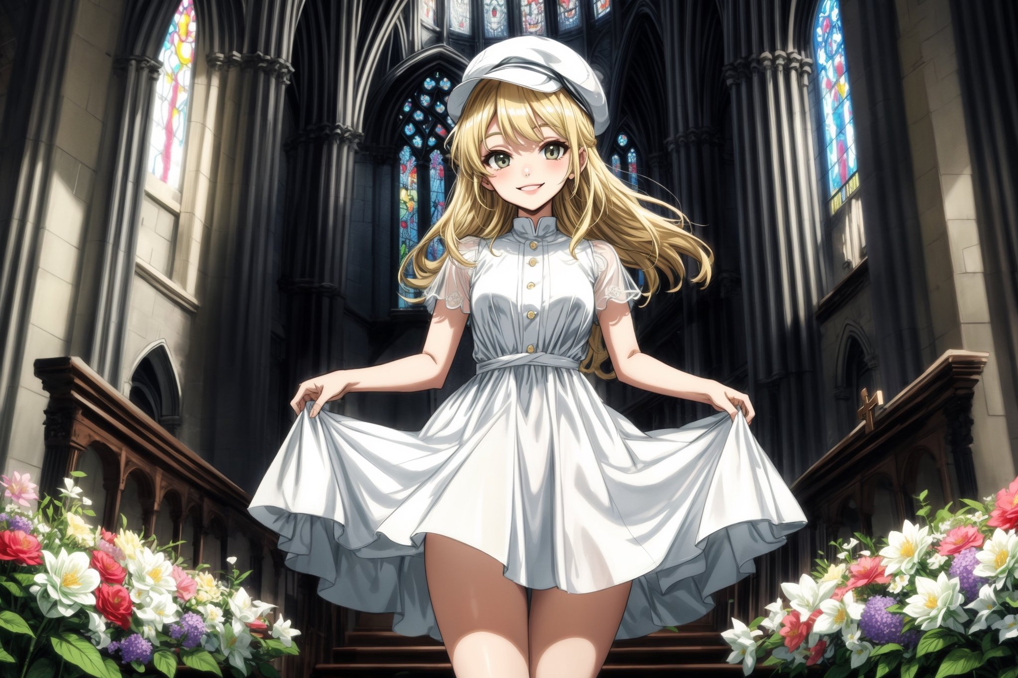 blonde, white dress, thighs, standing, smiling, flowers, church, flat cap, medium long shot,
