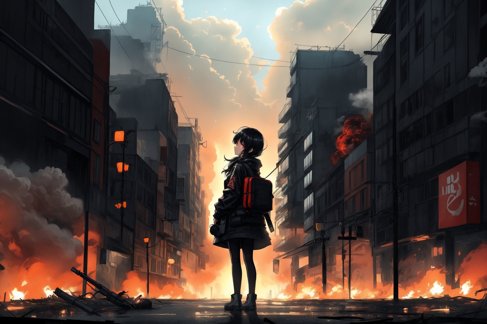 neon background, dystopian, smoke in the sky, war, beautiful city, back facing viewers, full body, little girl, holding doll in right hand, 
