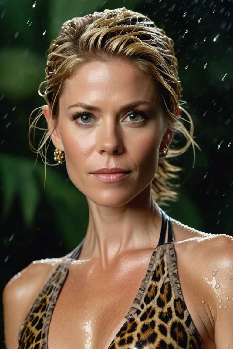 Professional Portrait of Julie Bowen, as a woman with noticable curves, in the jungle, standing in a lake, at night, in the rain,  wearing (((a leopard skin swimsuit))), (((wet hair))), (((real natural breasts))), her beauty is beyond compare, cool toned skin, her eyes shine like diamonds, highly detailed photo, realistic picture, photo, multiple characters, female, intricate detail, ultra realistic, ultra high definition, photo realism, Close-up portrait, color portrait, Linkedin profile picture, professional portrait photography by Martin Schoeller, by Mark Mann, by Steve McCurry, bokeh, studio lighting, canon lens, shot on dslr, 64 megapixels, sharp focus