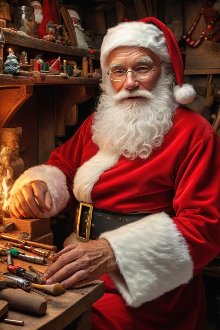 Professional Portrait of Santa Claus in his Workshop, highly detailed photo, realistic picture, photo, multiple characters, female, intricate detail, ultra realistic, photo realism