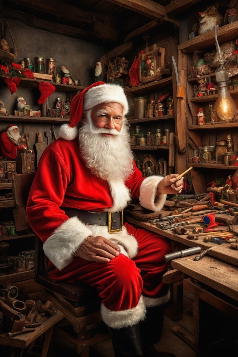 Professional Portrait of Santa Claus in his Workshop, highly detailed photo, realistic picture, photo, multiple characters, female, intricate detail, ultra realistic, photo realism