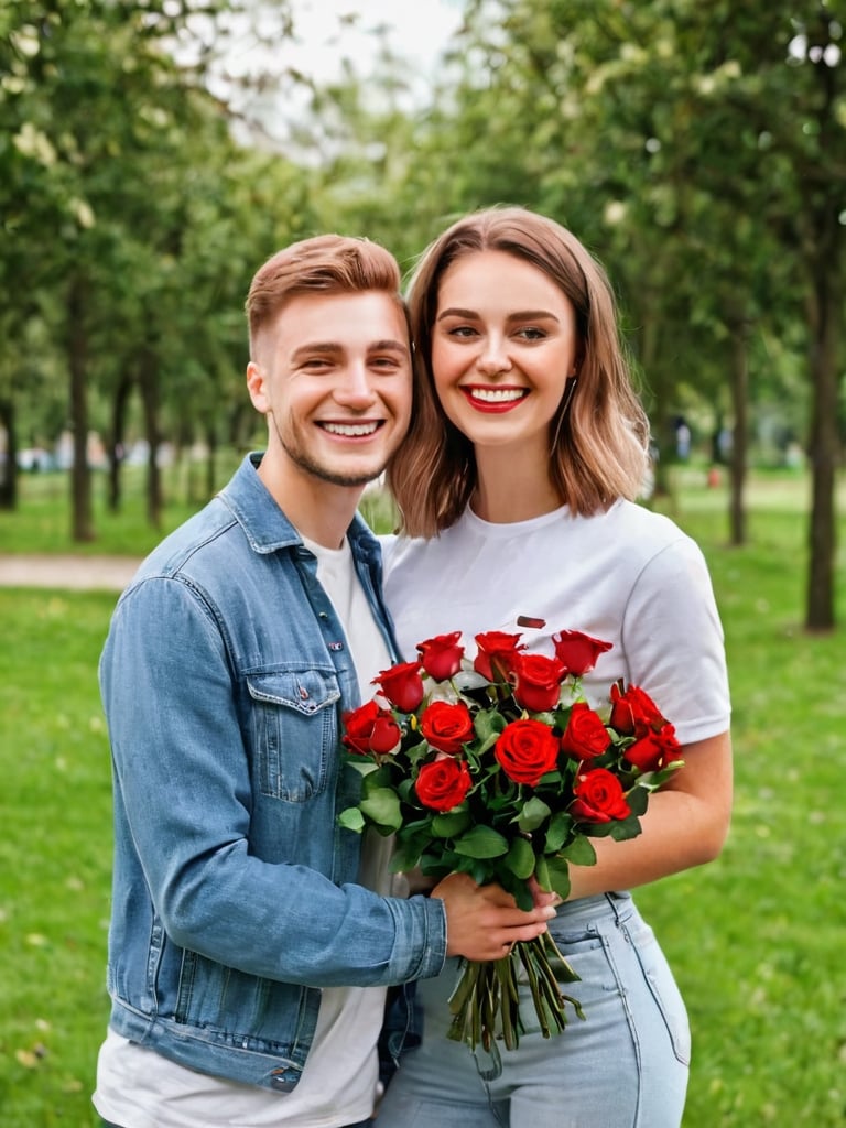  a boy and a girl, (the boys with a bouquet of roses 1:1), the girl smiling with red blushing cheeks, casual clothes, in a park with trees ,photorealistic,Stylish