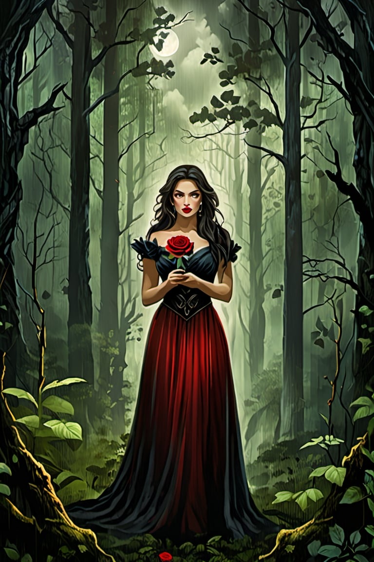 A woman stands in front of a dense, ominous forest, her dark, piercing eyes holding a hint of danger. In her hands, she holds a little mirror and a single red rose, her captivating visage shrouded in mystery. As the storm rages on, the flickers of lightning illuminate her face, adding to her alluring and mysterious aura.,detailmaster2,more detail XL