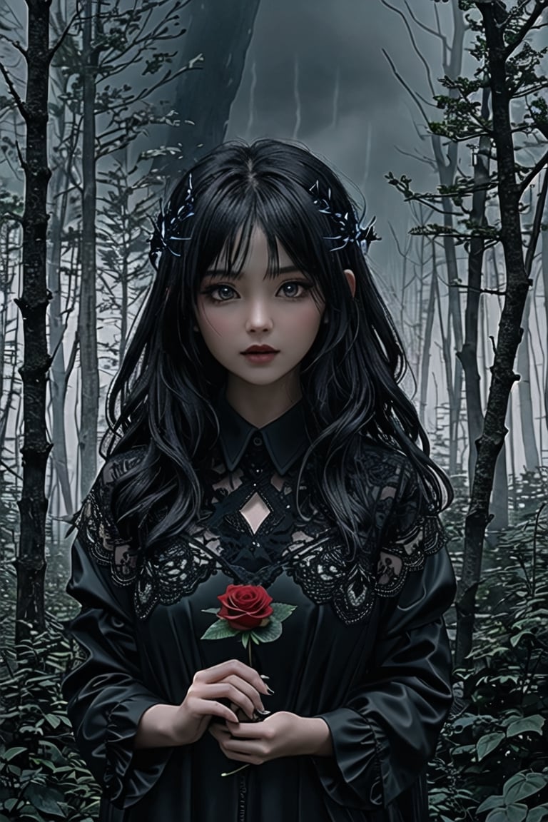 A woman stands in front of a dense, ominous forest, her dark, piercing eyes holding a hint of danger. In her hands, she holds a little mirror and a single red rose, her captivating visage shrouded in mystery. As the storm rages on, the flickers of lightning illuminate her face, adding to her alluring and mysterious aura.,detailmaster2,more detail XL